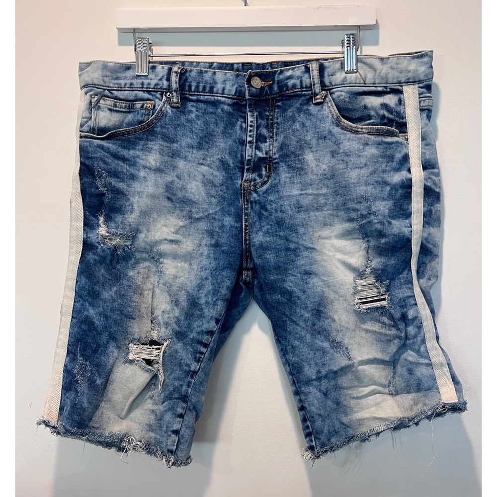 Mens DOPE Distressed‎ Denim Shorts Size 36 Blue White Stripe Raw Hem
